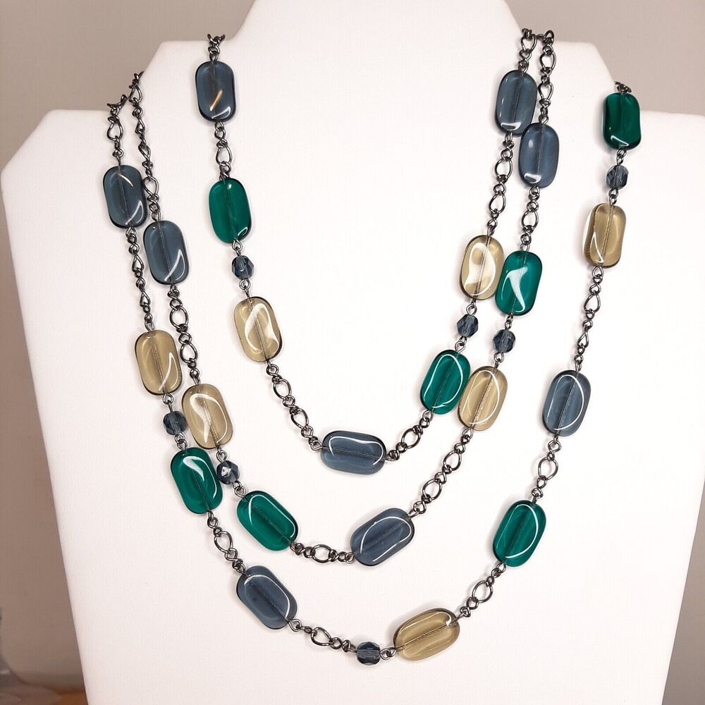 Mia & Tess Designs Triple Strand Green & Gray Glass Necklace w/ Tags